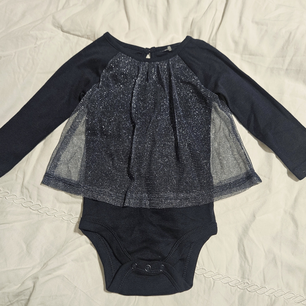 Navy Long Sleeve Baby Onesie with Sparkle Overlay